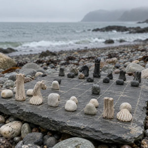A slate slab with a scratched chess grid and improvised pieces made from pale and dark pebbles, shells, and weathered wood rests on a shingle beach, with a…