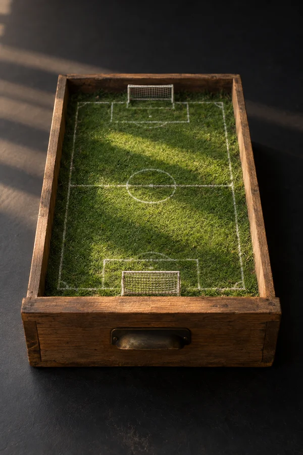 A worn oak drawer on a dark tabletop contains a miniature soccer pitch of uneven green grass, white markings, and two small netted goals, lit by diagonal bands…