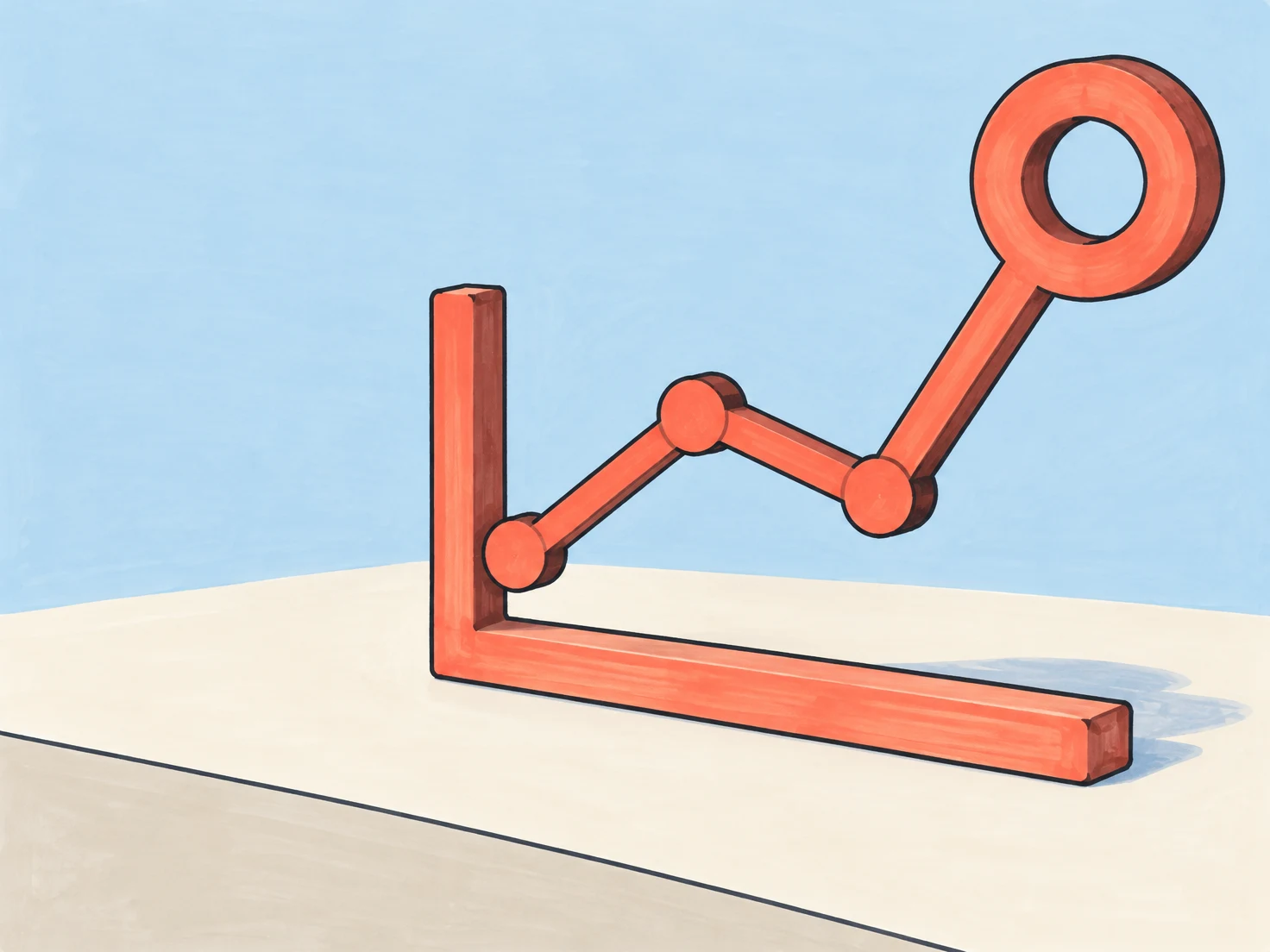 A coral line-chart sculpture with three small round markers and an oversized hollow ring at its high endpoint stands on an L-shaped base on a cream tabletop…