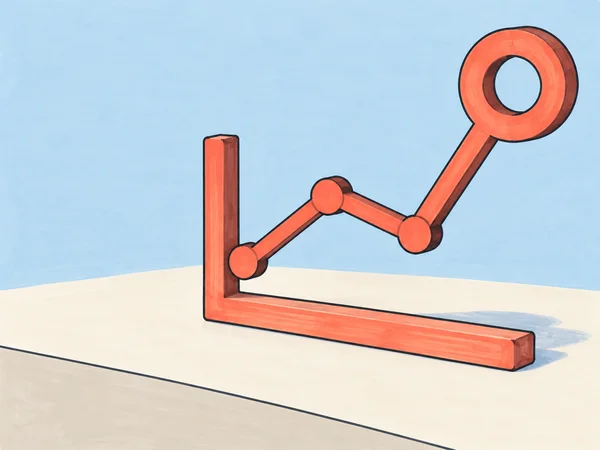 A coral line-chart sculpture with three small round markers and an oversized hollow ring at its high endpoint stands on an L-shaped base on a cream tabletop…