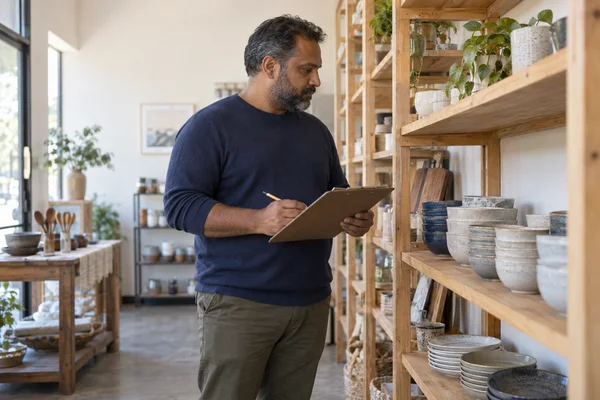 A middle-aged man in a navy knit shirt and olive trousers stands beside wooden shelves of ceramic bowls, holding a clipboard and pencil while looking toward…