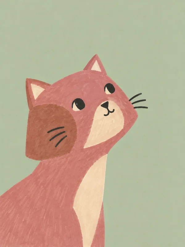 A hand-drawn geometric portrait of a dusty-rose cat with a long neck, tilted angular head, cream muzzle and chest, and a muted clay cheek patch against a pale…