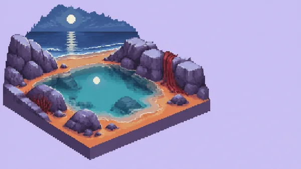 A pixelated isometric coastal diorama with a turquoise tide pool set in orange sand, surrounded by purple rocks and a draped red seaweed ribbon.