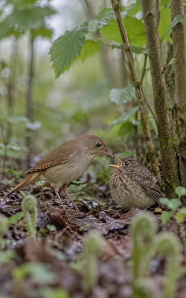 A brown adult bird leans toward a fluffy, speckled fledgling with its mouth open on damp leaf litter among hazel stems and soft green foliage.