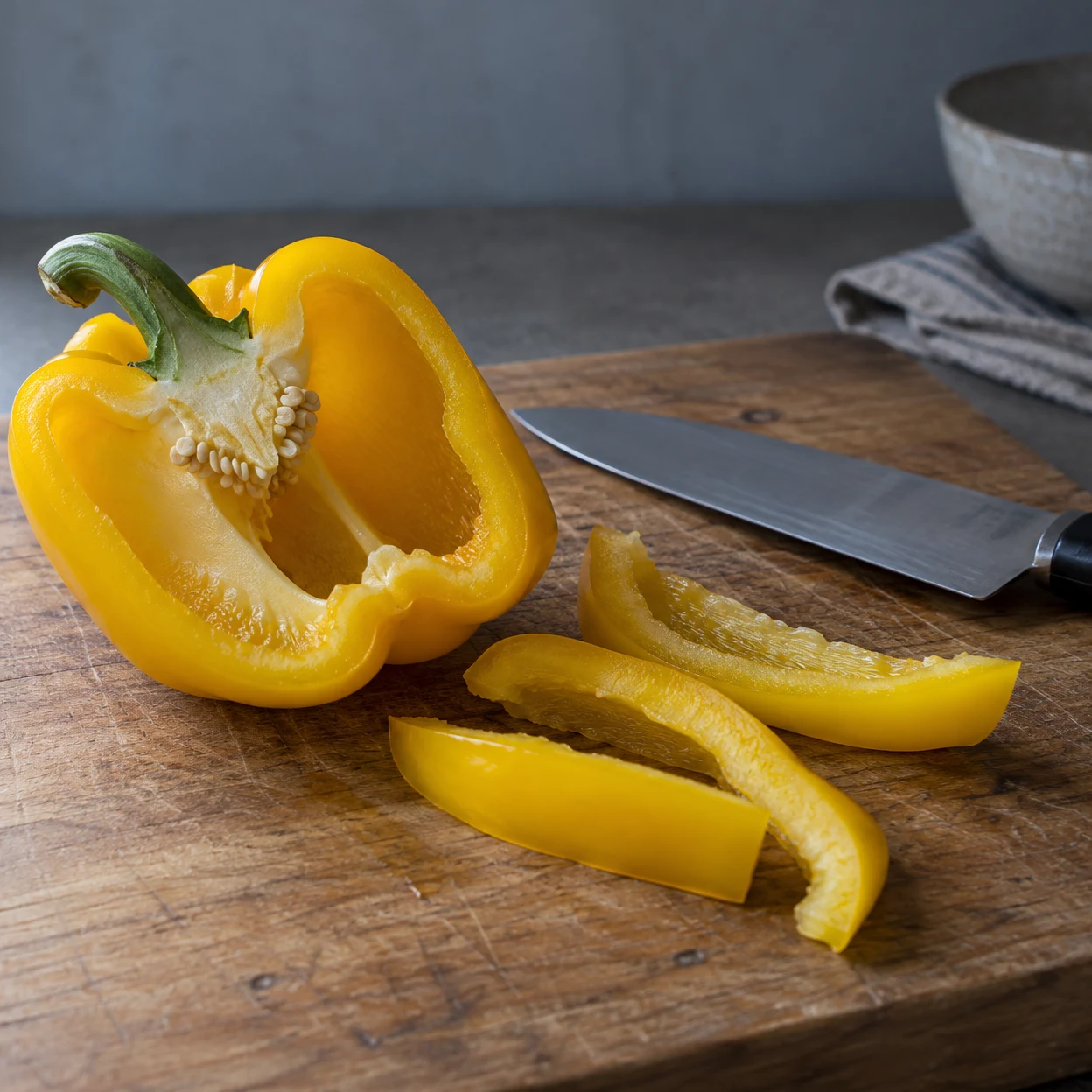 A halved yellow bell pepper with its hollow, seeded interior facing the camera sits on a heavily marked wooden cutting board, with three yellow strips in front.