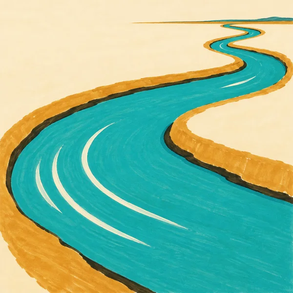 A turquoise river winds from a thin distant horizon into an oversized foreground bend, bordered by ochre banks across pale cream ground, in a textured…