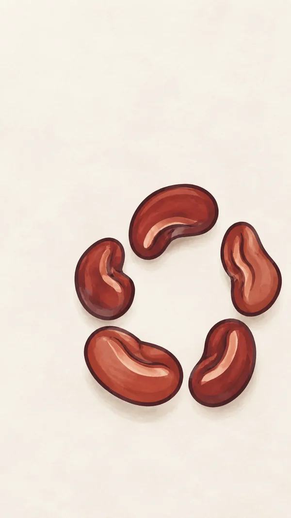 Five rust-red kidney beans with dark burgundy outlines and pale inset highlights form a loose open ring on a pale ivory background, leaving broad empty space…