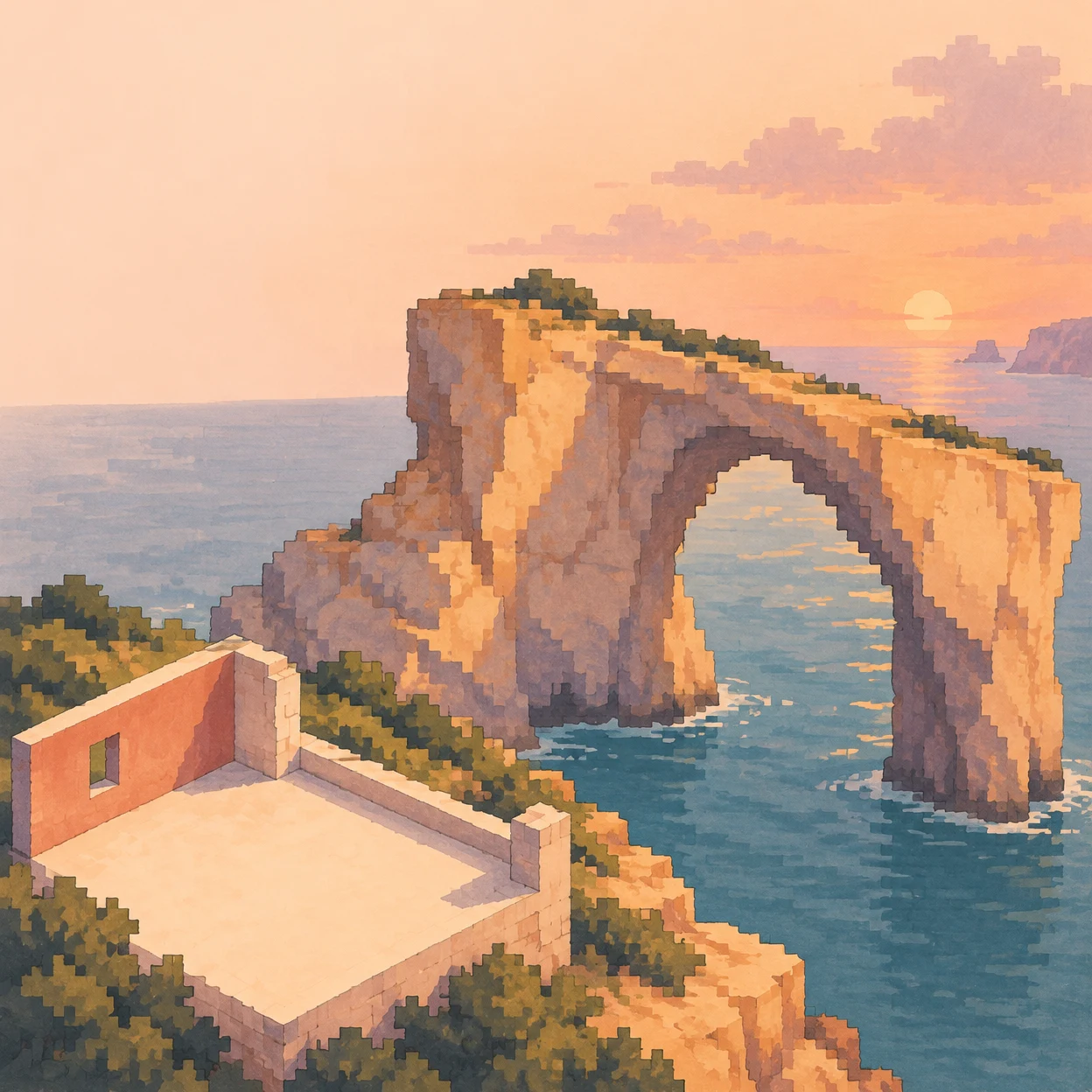 A large ochre sea arch rises over muted blue water at sunset, beside an empty cream-floored lookout room with coral walls in the lower-left foreground.