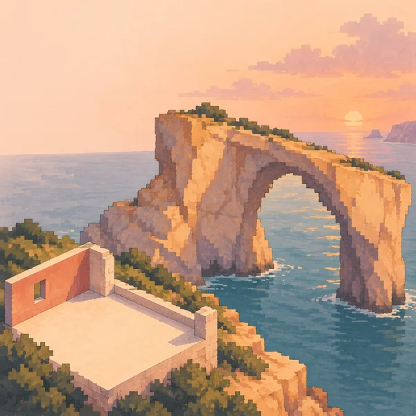 A large ochre sea arch rises over muted blue water at sunset, beside an empty cream-floored lookout room with coral walls in the lower-left foreground.