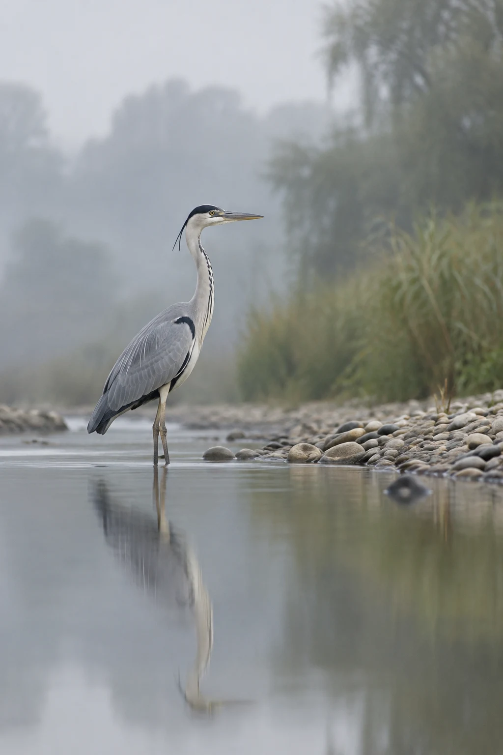 A grey heron stands in shallow water beside a river shingle bar, with reeds and willow fading into mist and a soft reflection below.
