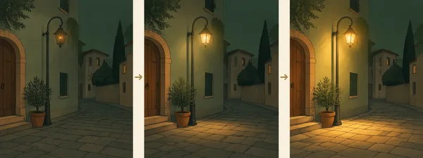 Three repeated views of a quiet night street corner show a curved metal lamp beside a terracotta arched doorway.