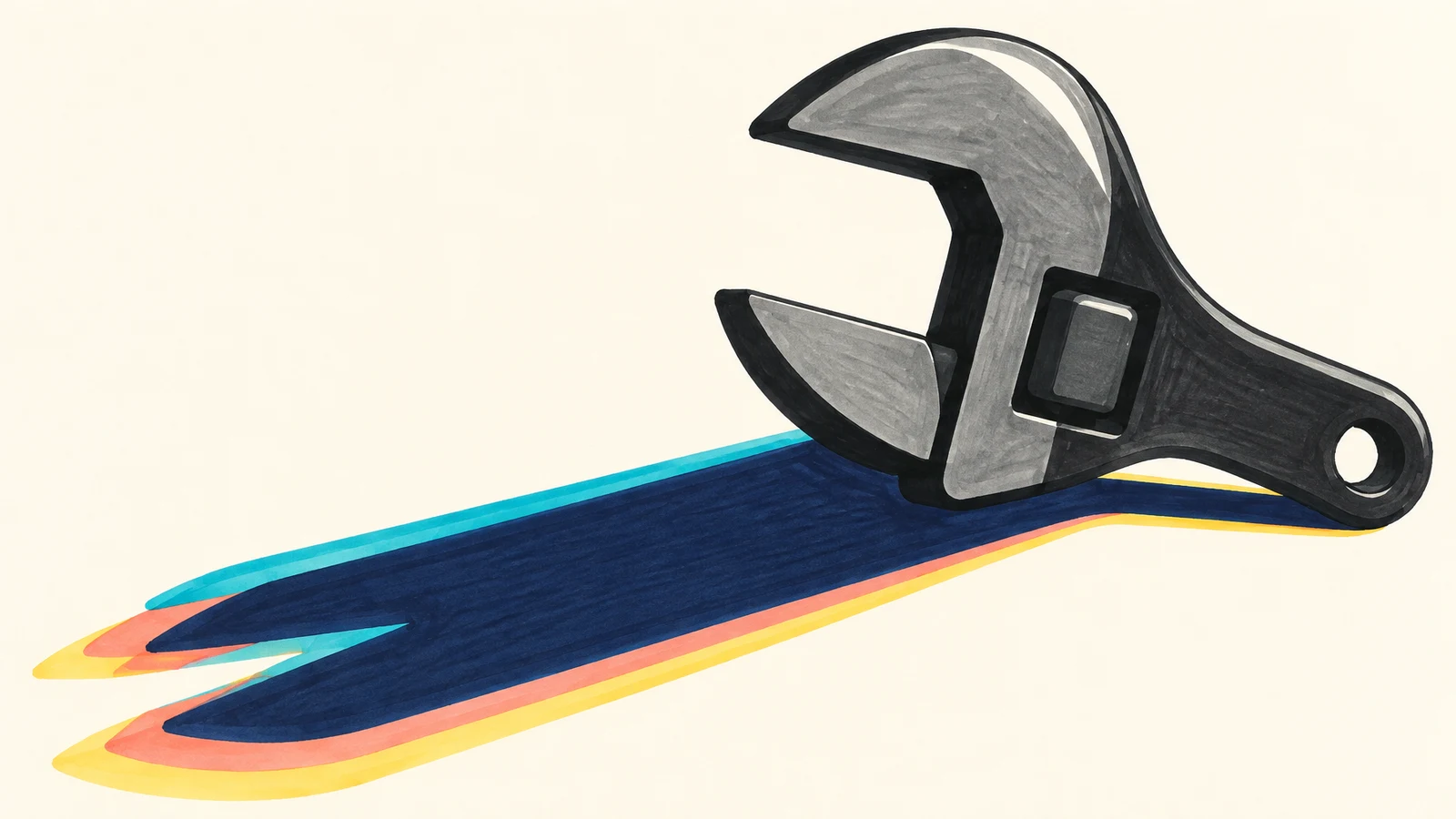 An oversized charcoal adjustable wrench with a broad grey highlight lies across a warm-ivory surface, above a long navy shadow edged with cyan, coral and…