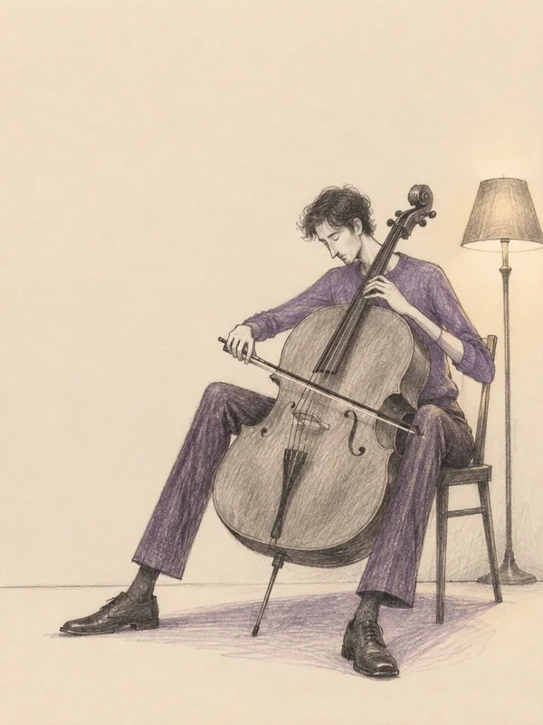A hand-drawn pencil illustration of a seated cellist in lilac clothing playing a large cello beside a shaded floor lamp, against a warm cream background with…