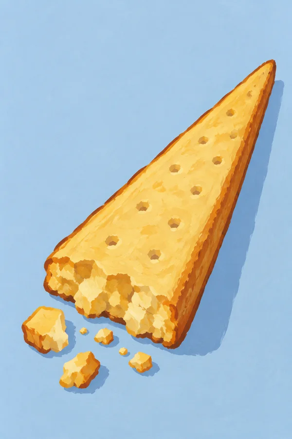 A long golden biscuit wedge lies diagonally on a pale blue surface, with a rough broken end, several loose crumbs and a blue shadow.