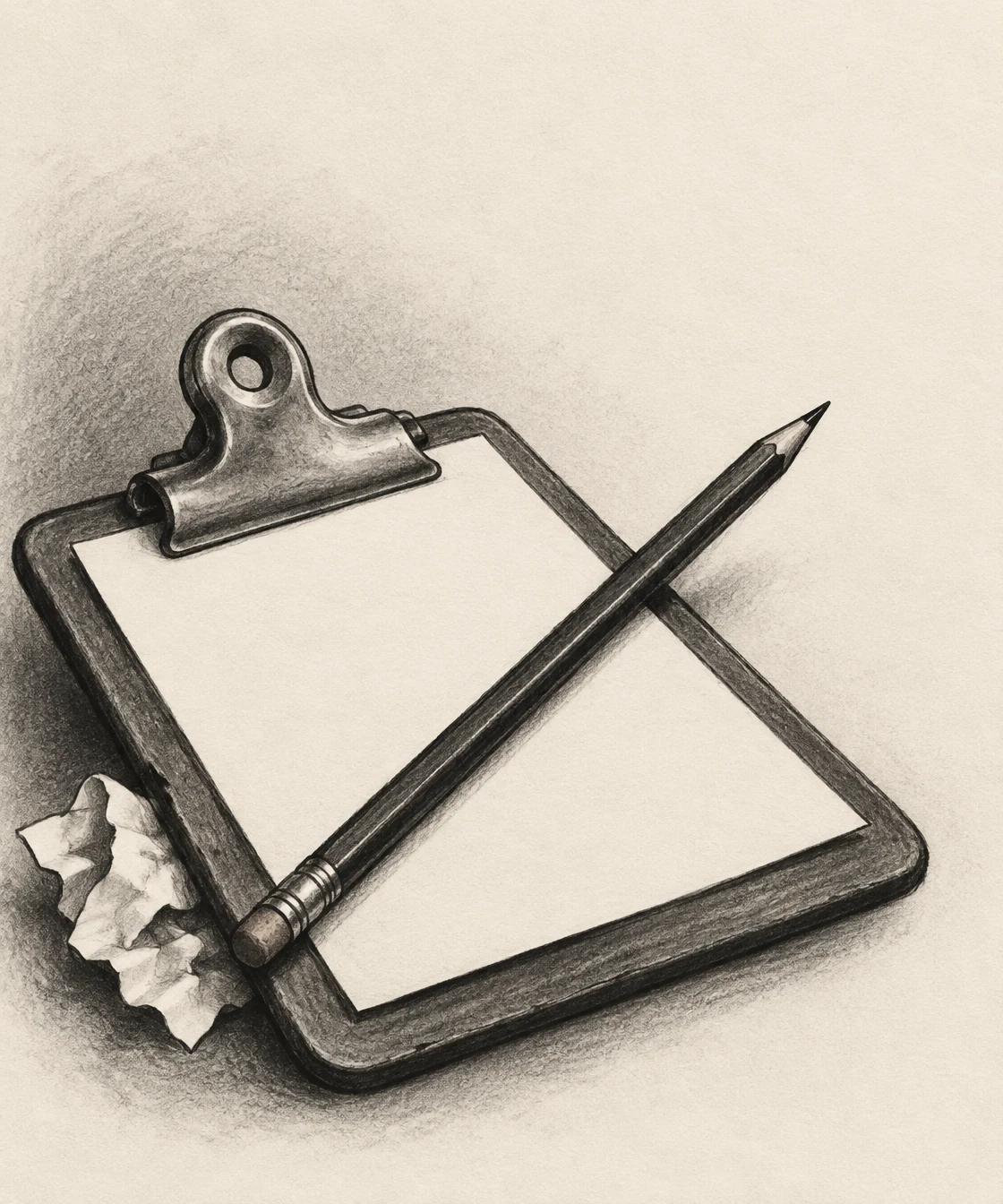 A large charcoal-drawn clipboard with an oversized metal clip holds a blank sheet; a long pencil lies diagonally across it, and a crumpled sheet peeks out from…