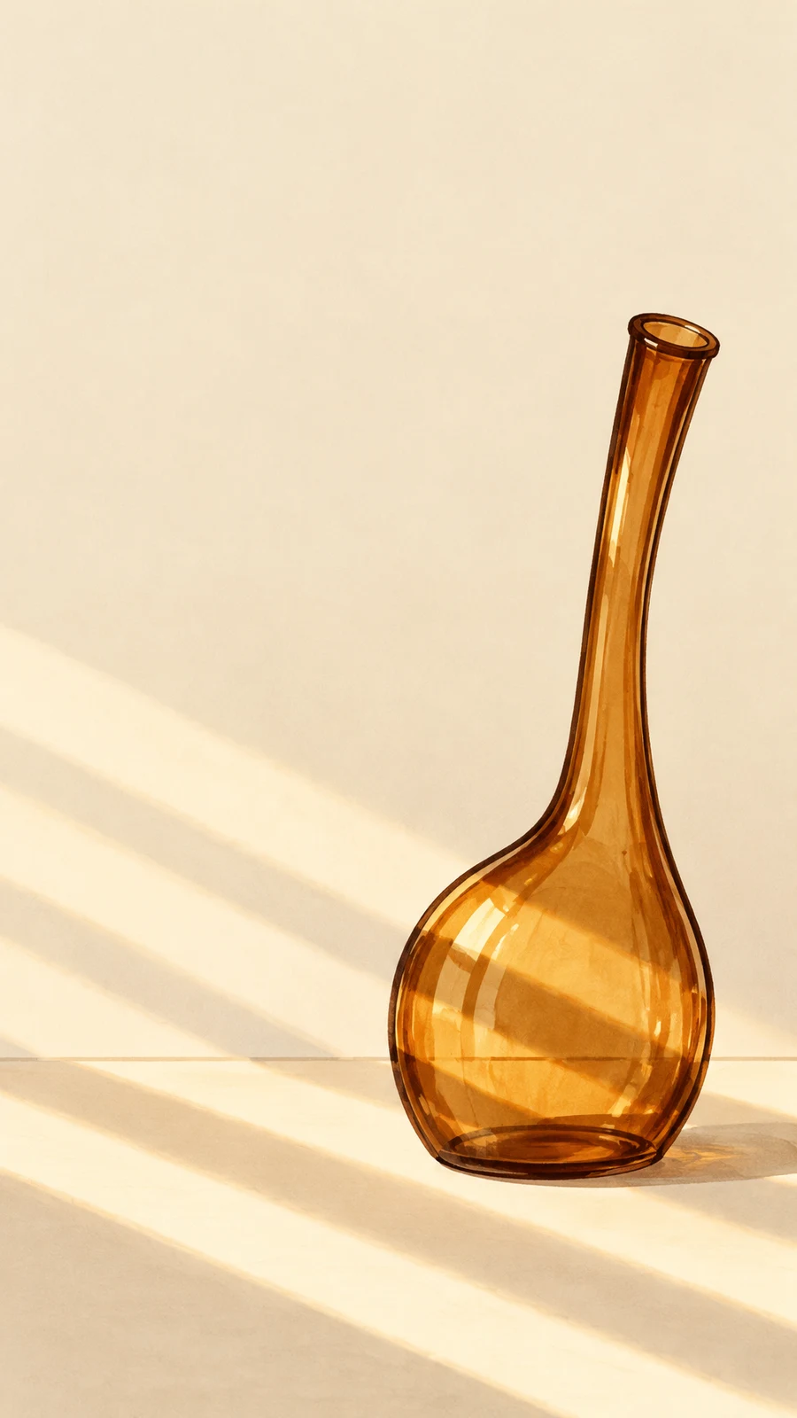 A tall, empty amber-glass vase with a rounded bulb and narrow curved neck stands on a pale cream tabletop, crossed by diagonal bands of sunlight against a warm…