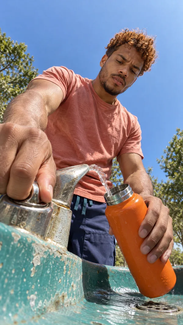 A man with short curly hair leans over a weathered turquoise outdoor fountain, pressing its metal control with one enlarged foreground hand while holding an…