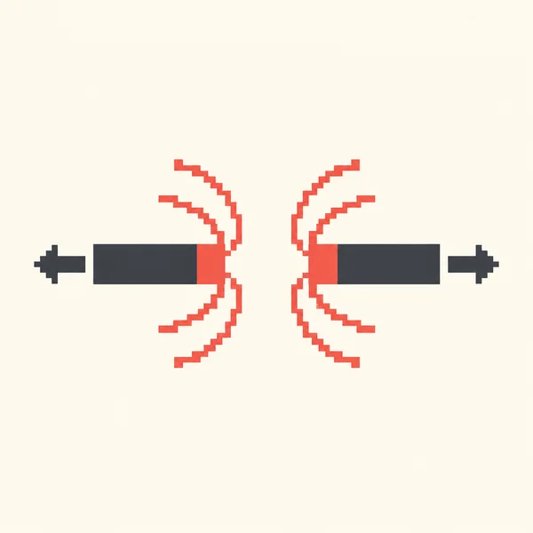 A symmetrical pixel-influenced illustration shows two horizontal charcoal magnets with coral-red tips facing across a gap on a warm ivory background.