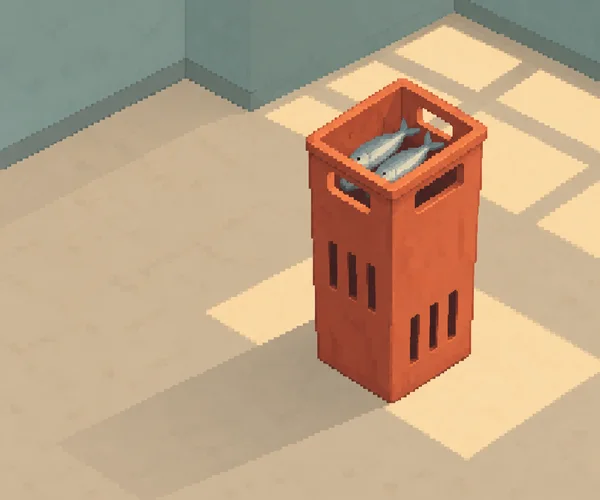 A tall terracotta fish crate with two silver fish stands on a pale sand floor in a simple room with muted teal walls; large warm rectangles of light cross the…