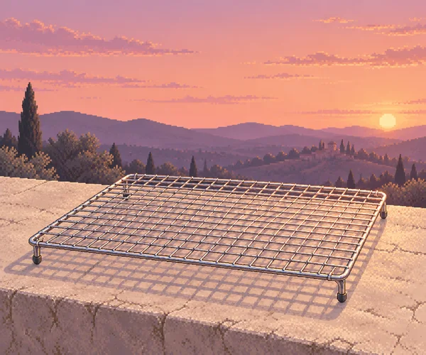 A silver wire cooling rack with a raised rim and short feet rests on a pale stone terrace ledge, casting a grid shadow.