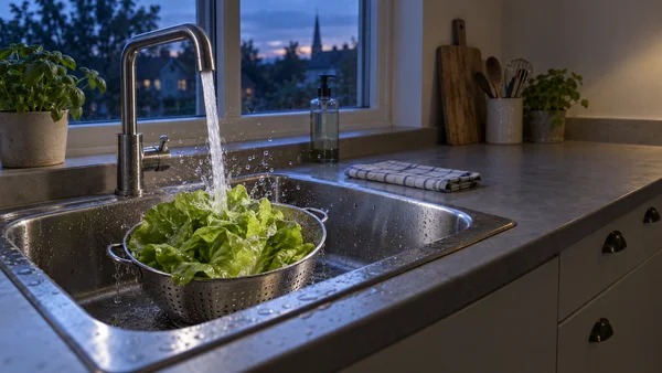 A green lettuce sits in a perforated metal colander beneath a running kitchen tap, splashing water into a stainless-steel sink.