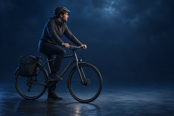 A helmeted adult in dark clothing sits facing right on a graphite city bicycle with a rear pannier, one foot on the ground and the other on a pedal, against a…