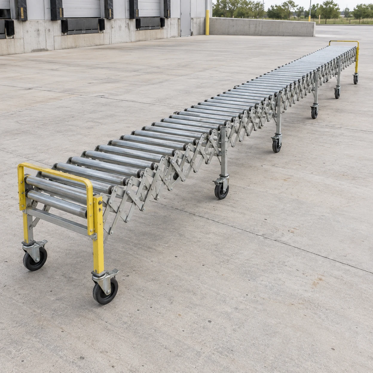 An extended galvanized roller conveyor with repeating steel scissor supports and black caster wheels runs diagonally across a pale concrete loading apron, with…