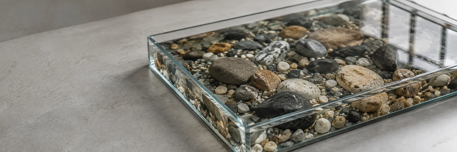 A shallow rectangular glass tray filled with rounded river stones sits diagonally on a warm-gray surface, with open space to the left and window reflections…