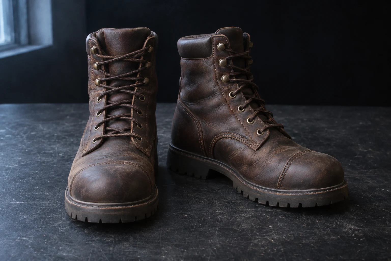 Two dark brown leather lace-up work boots stand on a scuffed charcoal bench, one facing forward and the other angled outward, with a cool-lit window visible at…