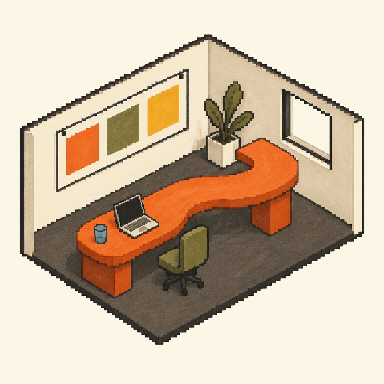 An open-front isometric studio with a long orange S-shaped desk, dark-screen laptop, blue glass, small olive chair and a wall board with three coloured…