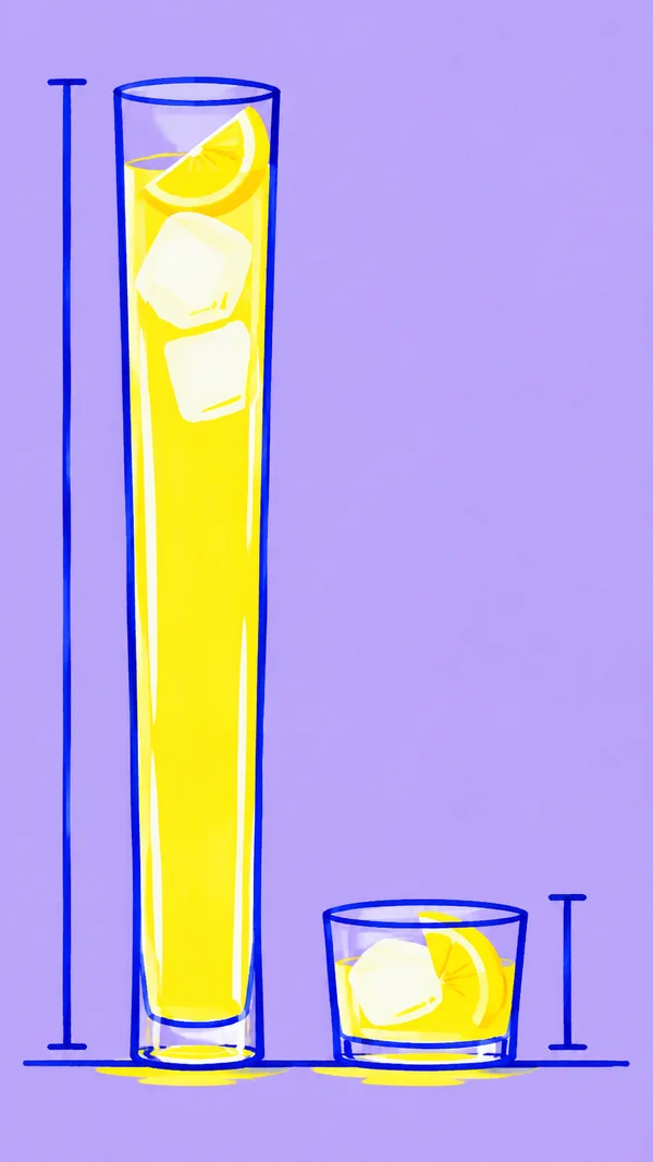 A very tall narrow cobalt-outlined glass and a short wide tumbler sit on a shared baseline against a lavender background.