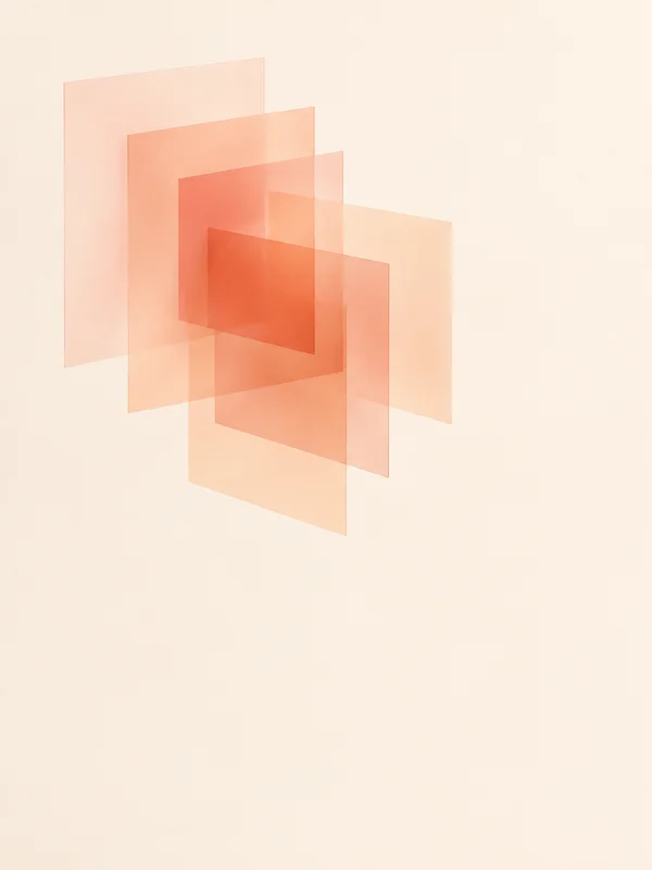 Six translucent peach and coral rectangular planes overlap in a compact abstract arrangement on a warm cream background, with broad empty space below and to…