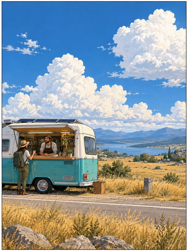 A turquoise-and-white vintage camper with roof-mounted solar panels serves a traveler at its open window beside a road, with golden grass, a lake, distant…