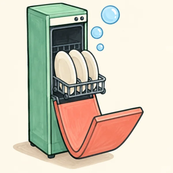 A tall mint-green dishwasher stands against a warm ivory background with its coral door open in a broad upturned curve.