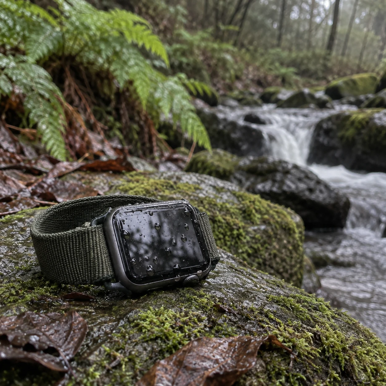 A dark rectangular smartwatch with a graphite-colored case and dark olive fabric strap rests on a wet, moss-covered stone beside a woodland stream.