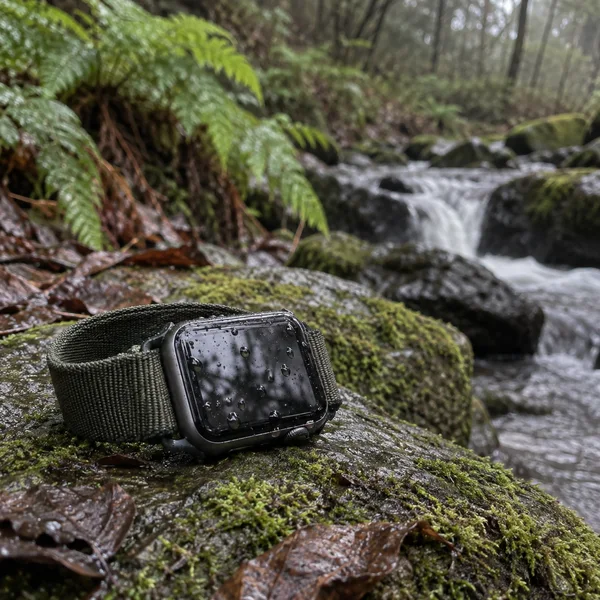 A dark rectangular smartwatch with a graphite-colored case and dark olive fabric strap rests on a wet, moss-covered stone beside a woodland stream.
