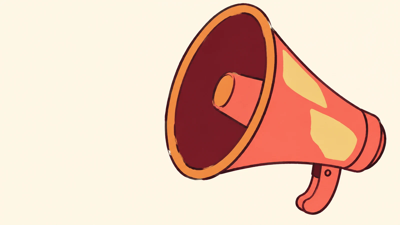 A coral megaphone with a broad orange-rimmed bell and dark burgundy interior points toward the upper left against a warm cream background.