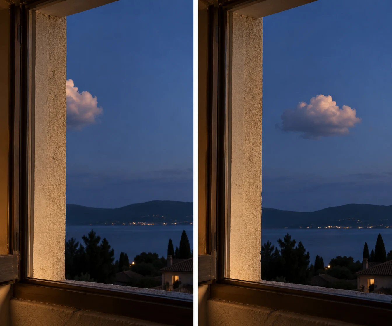 A warm-lit masonry window frames a blue-hour landscape in two side-by-side views; a peach-lit cumulus cloud is partly hidden by the wall in the first and fully…