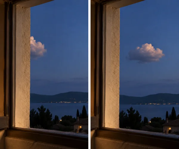 A warm-lit masonry window frames a blue-hour landscape in two side-by-side views; a peach-lit cumulus cloud is partly hidden by the wall in the first and fully…