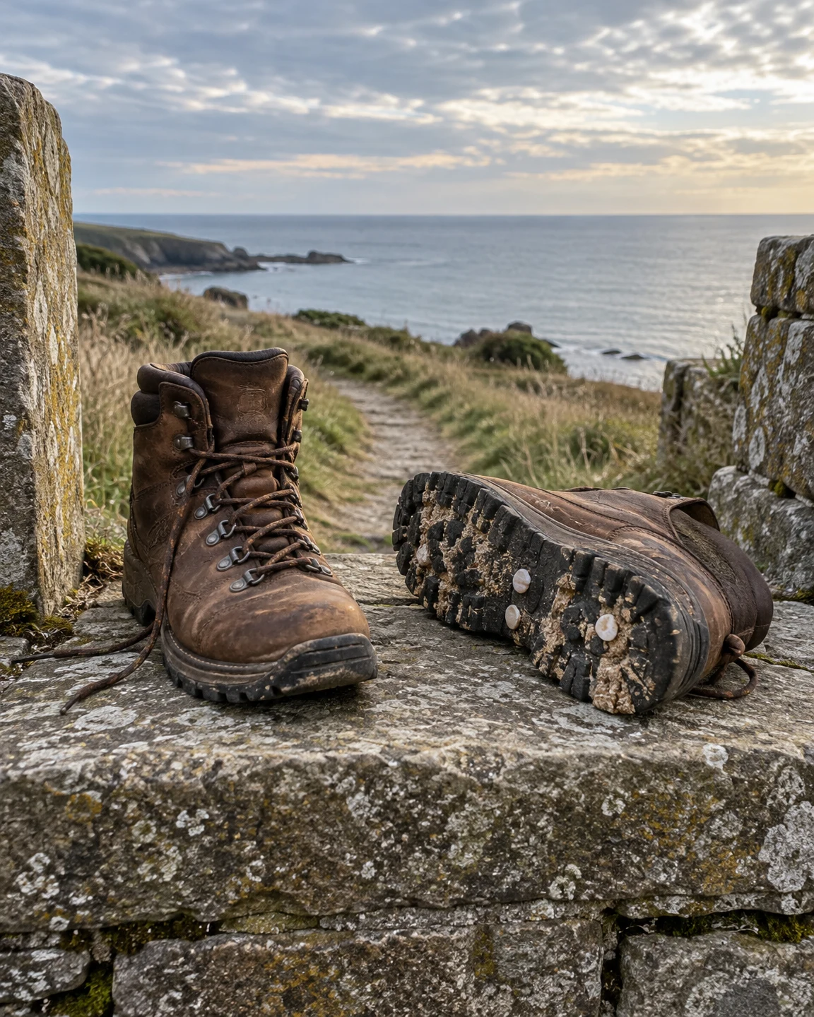 A pair of worn brown hiking boots rests on a lichen-covered stone stile beside a grassy coastal path, with a quiet sea and cloudy sky in the background.