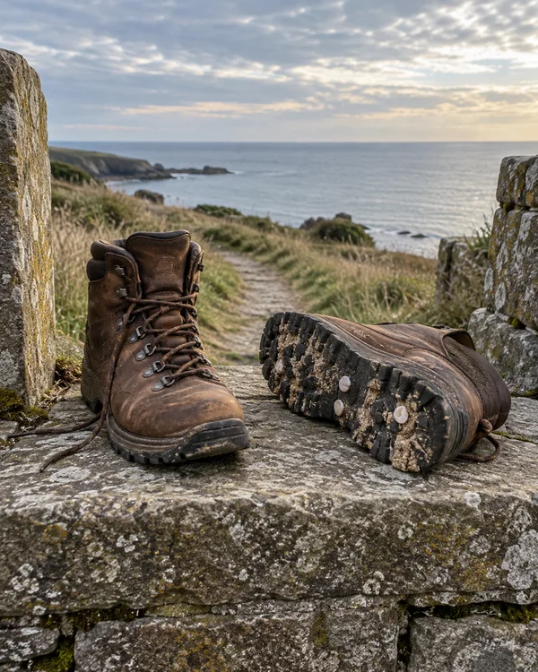 A pair of worn brown hiking boots rests on a lichen-covered stone stile beside a grassy coastal path, with a quiet sea and cloudy sky in the background.