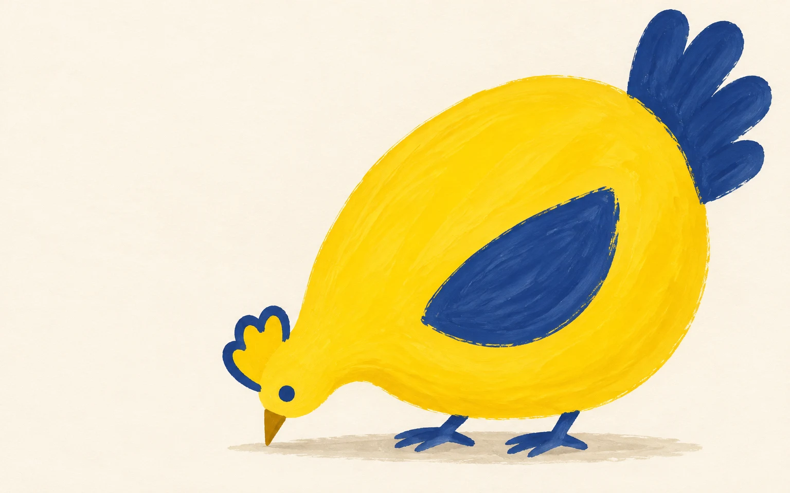 A large sunflower-yellow chicken bends toward the ground, with an indigo wing and fan-shaped tail, on a warm ivory background with a soft ground shadow and…