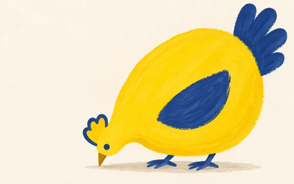 A large sunflower-yellow chicken bends toward the ground, with an indigo wing and fan-shaped tail, on a warm ivory background with a soft ground shadow and…