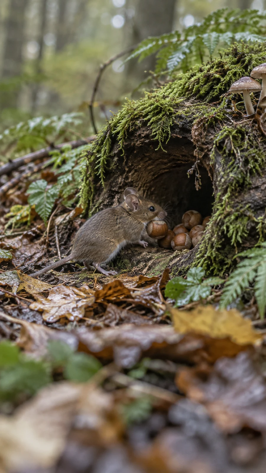 A brown wood mouse carries a hazelnut at the entrance of a dark hollow in a moss-covered fallen log, with several more nuts inside.