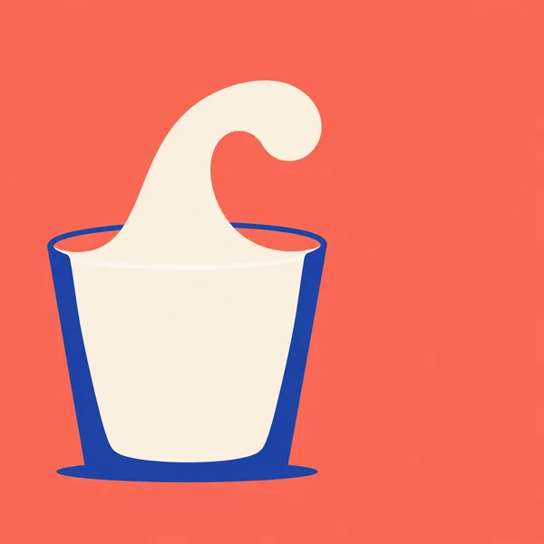 A large ivory-filled glass with cobalt sides sits on a coral background, with a smooth ivory splash curling above its rim and open space to the right.