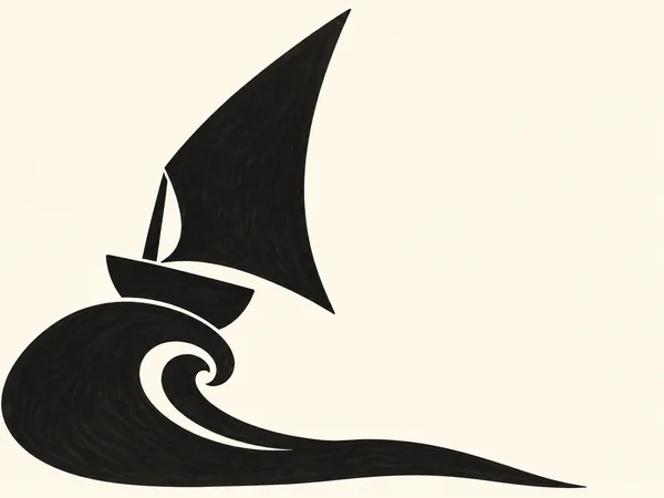A black cut-paper sailboat with a very large triangular sail rides above a curling black wave on a warm ivory background, leaving open space to the right.