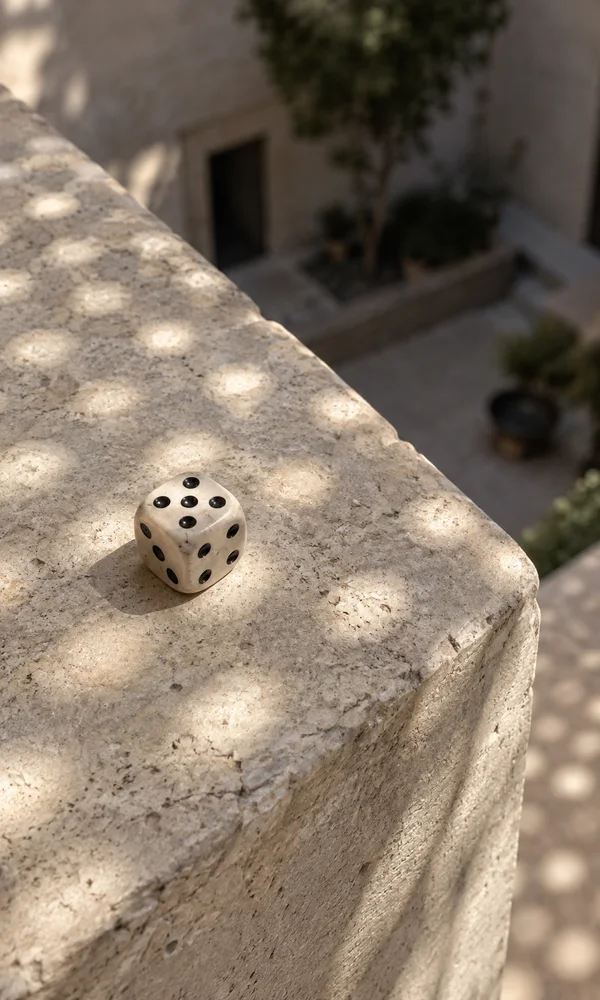 An ivory-colored die with five black pips on its upper face rests on a sunlit limestone terrace ledge, with dappled circular light spots across the stone and a…