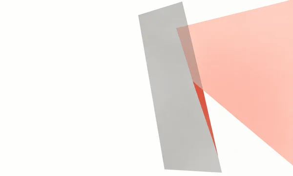 A tall translucent smoke-grey quadrilateral overlaps a wider pale coral plane on a chalk-white field, creating a narrow vermilion wedge; the left side is…