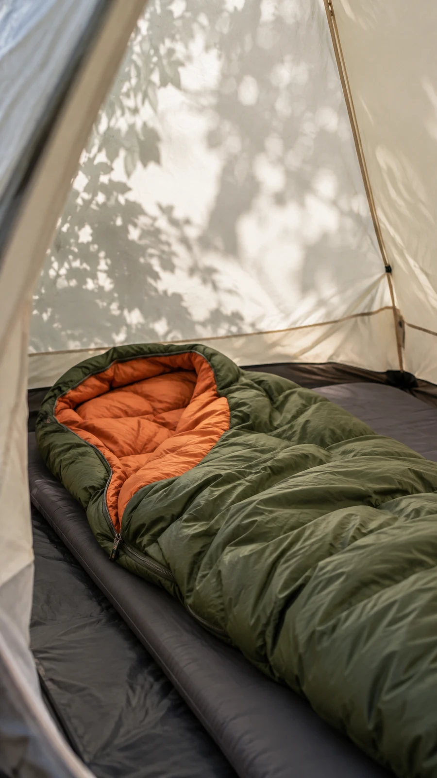 A moss-green sleeping bag with warm orange lining lies diagonally on a charcoal mat inside a pale tent, with soft leaf shadows across the fabric.