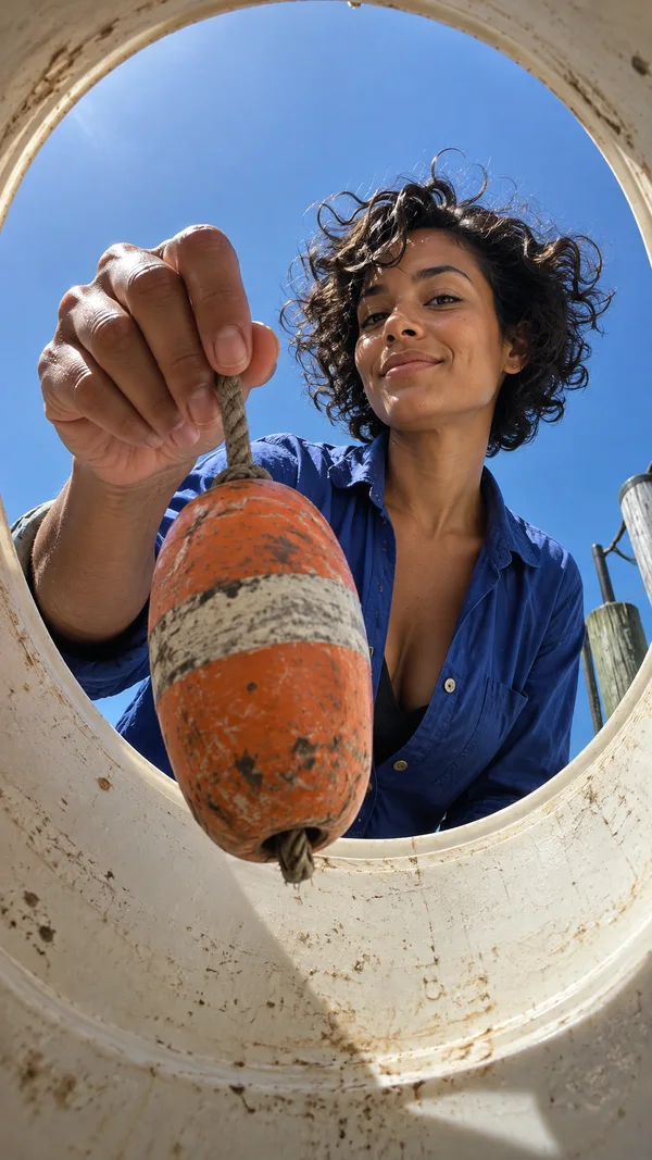 A woman with short, wind-tousled dark curls leans over a weathered cream bucket and lowers a worn orange-and-white fishing float by its cord.